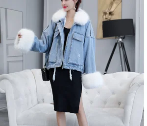 Новинка 2022, зимняя джинсовая куртка, женская джинсовая куртка с мягкой меховой подкладкой, меховой воротник, верхняя одежда, винтажная ткань, свободные толстые теплые джинсы