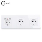 Скрытый мягкий светодиодный индикатор COSWALL, двойной USB-порт для зарядки 16 А, 12345, для банд, России, Испании, настенная розетка стандарта ЕС +, стеклянная панель