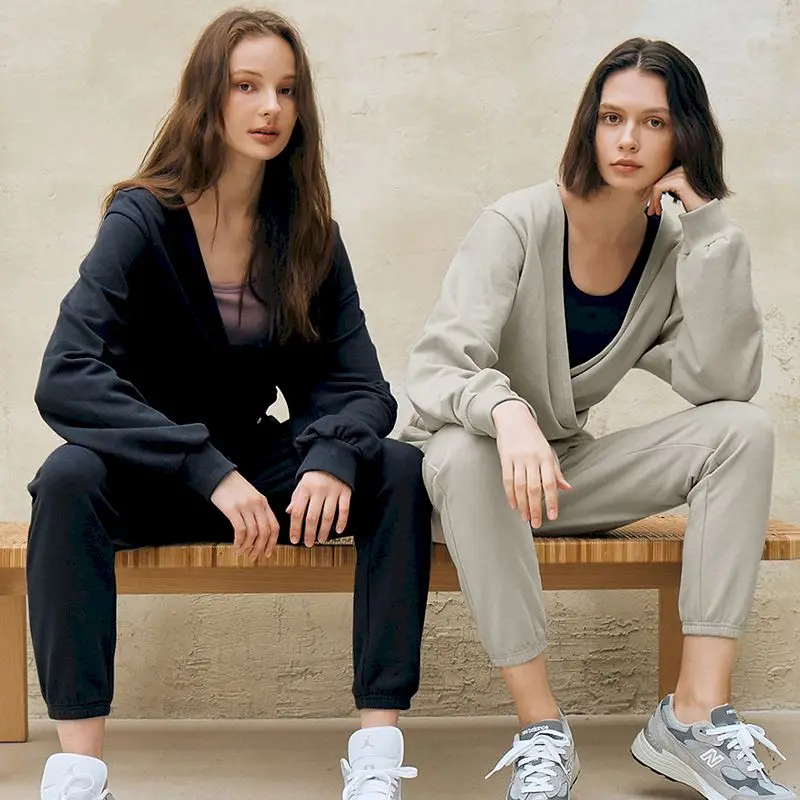 

Женский спортивный костюм с капюшоном, Повседневная хлопковая куртка с V-образным вырезом и длинным рукавом для бега и занятий спортом на ос...