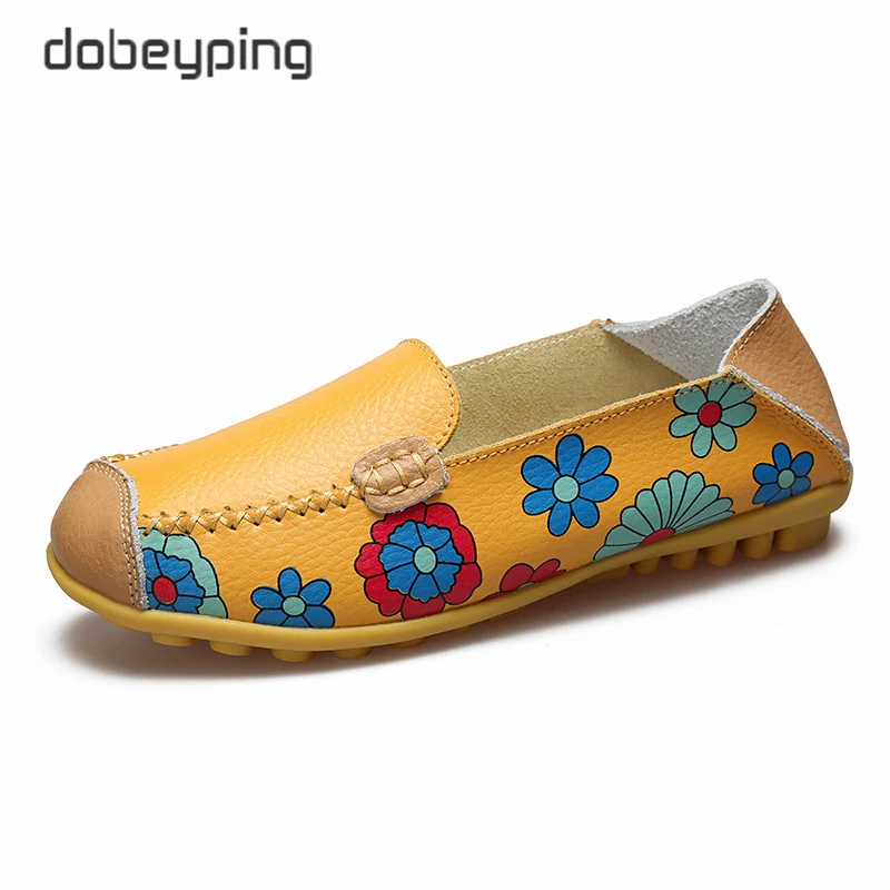 Spring Autumn Women's Loafers Printing Flower Genuine Leather Woman Flats Shoe Slip On Female Moccasins Shoes Large Size 35-44