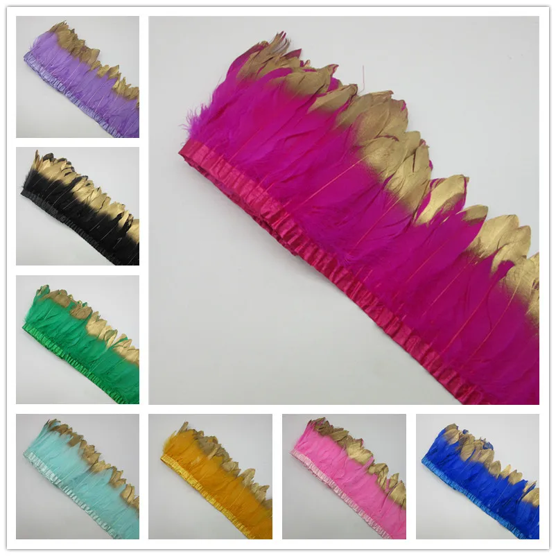 

Wholesale 2Yards/Lot Dipped Gold Goose Feathers Trims White Geese Feather for Crafts Fringes Ribbons Clothing Width Plumas Plume