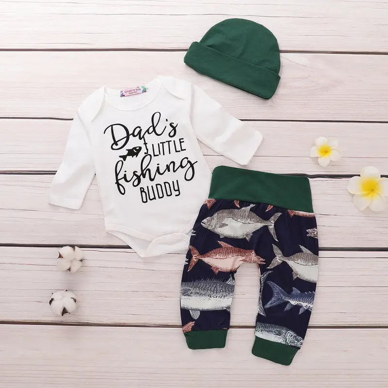 

0-24M Newborn Kids Baby Boy Infant Clothing Fish Cotton Romper dad daddy Tops and Pants Leggings Hat Outfits set roupa menina