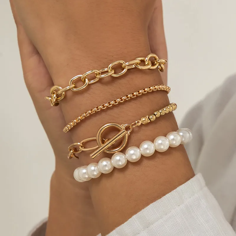 

Women Jewelry 4 pcs Per Set Metal Bracelet Popular Design Vintage Temperament Simulated Pearl Bracelet For Girl Lady Gifts