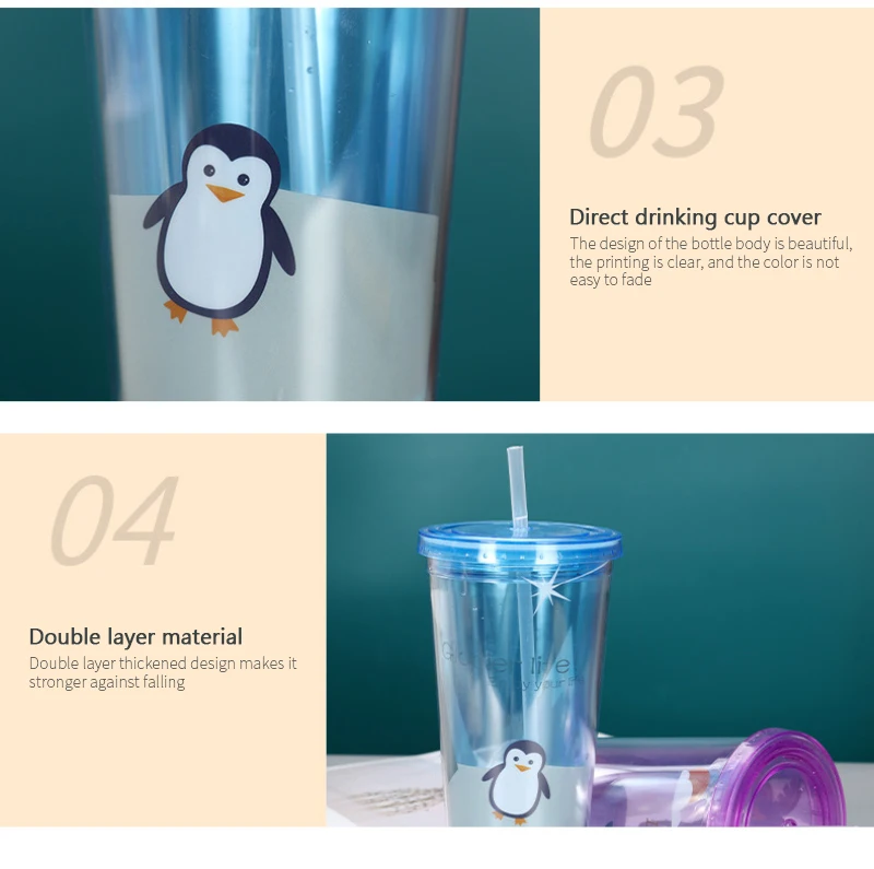 600ml Transparent Plastic Bottle Double-layer Water Bottles With Lid Straw Cup Reusable Cups For Student Girl Gift | Дом и сад