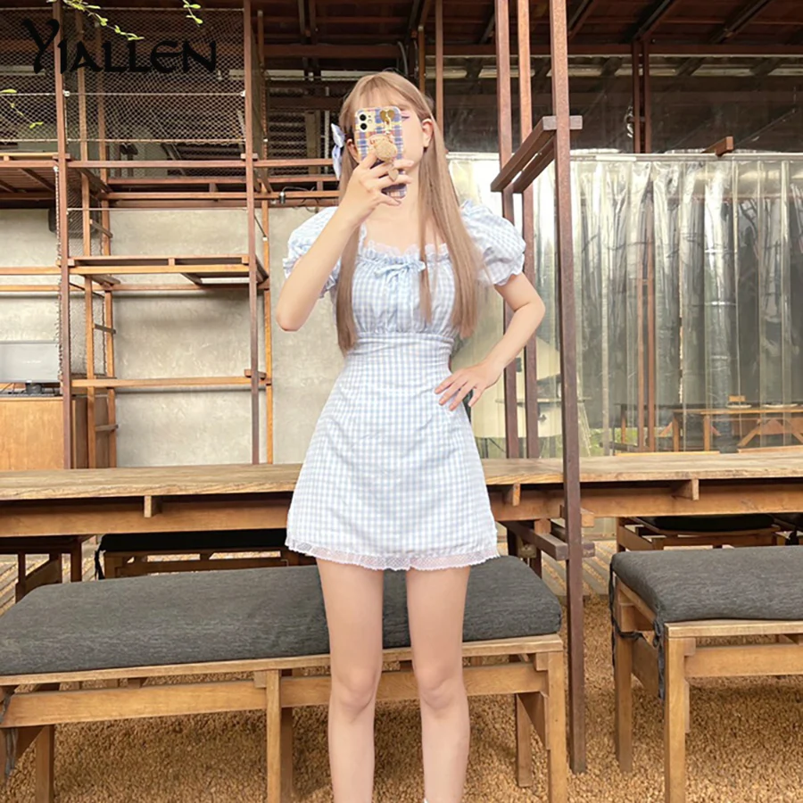 

Yiallen Women Summer Fashion Elegant Bow Bandage Short Sleeve Square Collar A-Line Dress New Simple Cute Sweet Plaid Dresses
