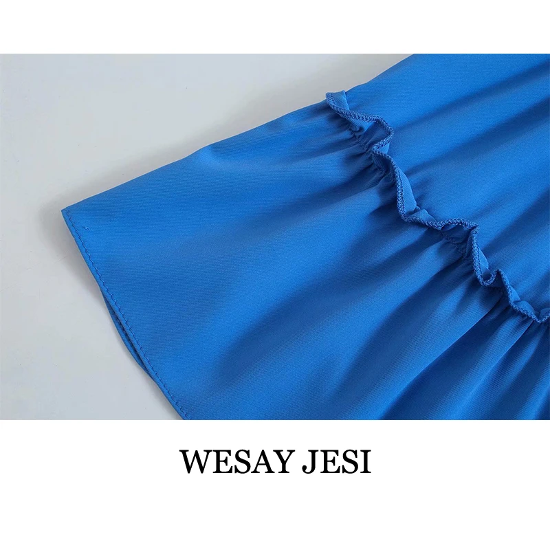 

WESAY JESI Summer Women's Dress 2021 Fashion Short Sleeve Dresses Single-Breasted V Neck Blue Elegant Casual Ruffle Folds Female