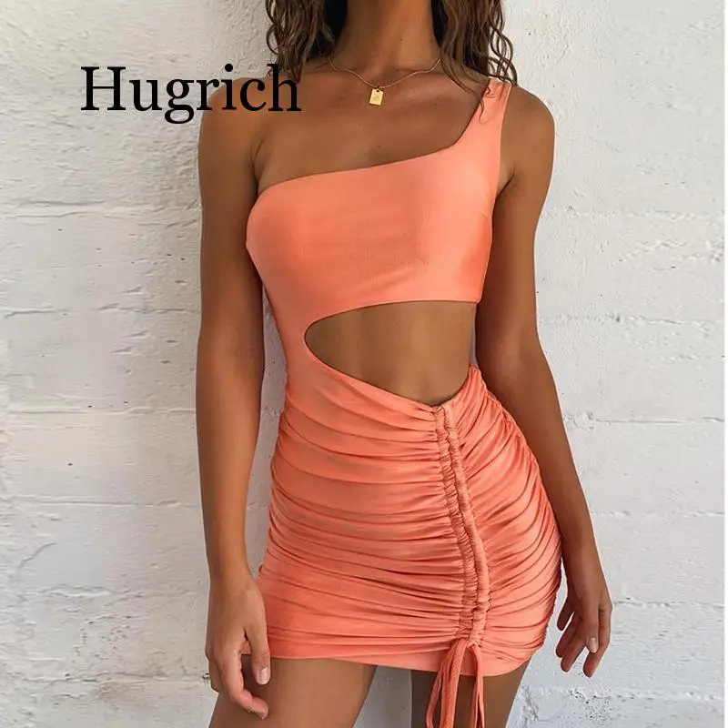 

2020 One Shoulder Summer Sexy Bodycon Dress Women Hollow Out Ruched Backless Bandage Mini Club Party Dress Orange White