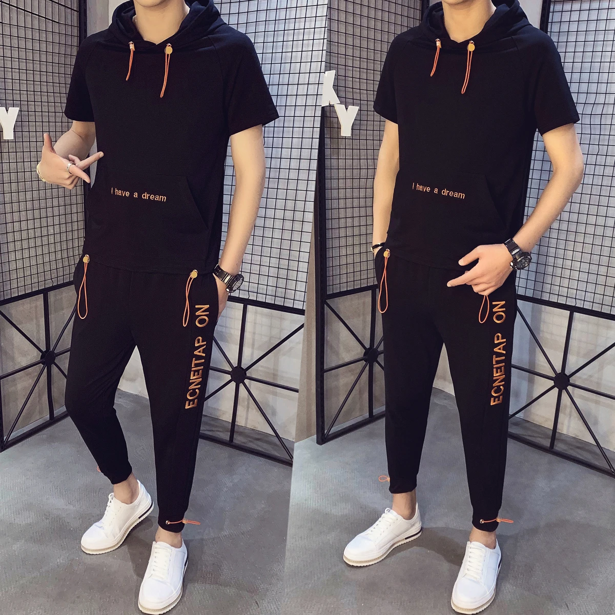Print Track 2 Pieces Causal Hip Hop Set Short Sleeve T-shirt + Pant Moda Hombre Sweat Suit 2020 Spring Tracksuit Men | Мужская одежда