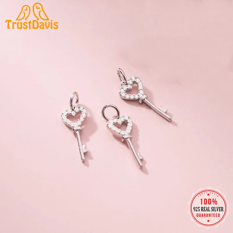 

TrustDavis Real 925 Sterling Silver Personality Fashion Sweet Heart Key CZ Charm Pendant Handmade DIY Accessories Jewelry DZ419
