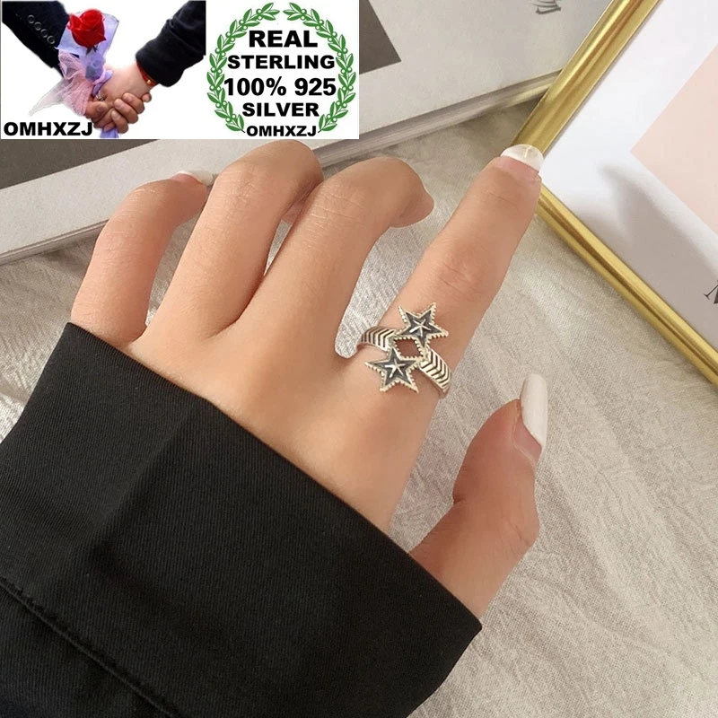 

OMHXZJ Wholesale HC54 European Fashion Fine Woman Girl Birthday Party Gift Vintage Star 100% 925 Sterling Silver Resizable Ring