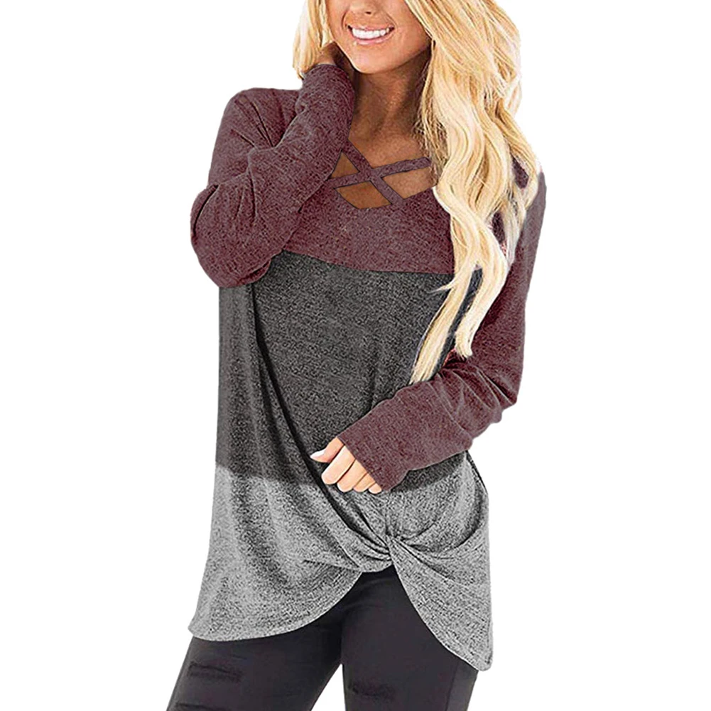 Футболка женская с V-образным вырезом блузка из смешанного хлопка перекрестным