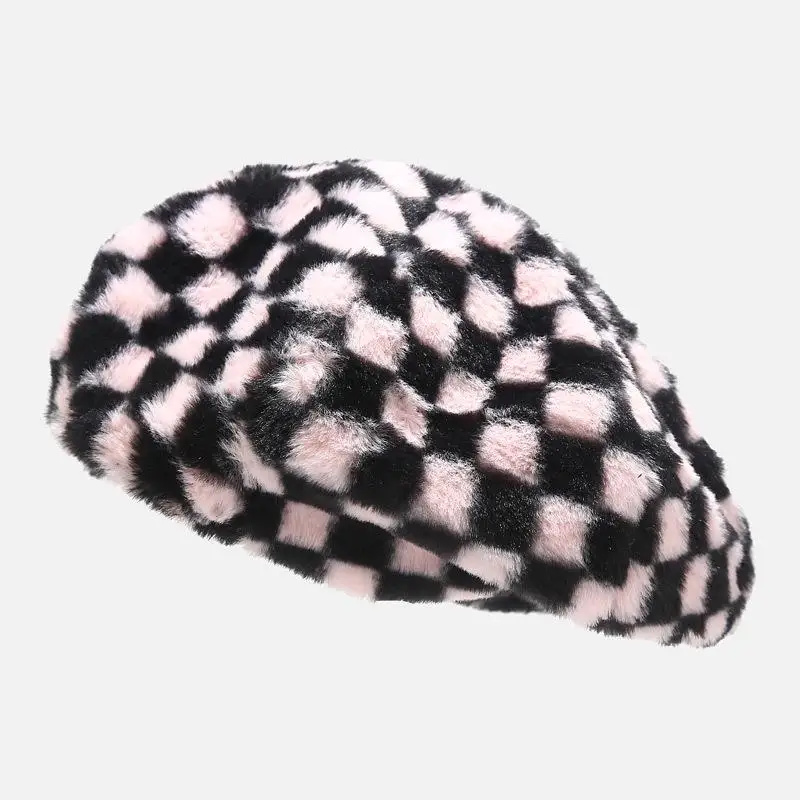 Женский берет с клетчатым принтом шапка из искусственного бархата зимние теплые