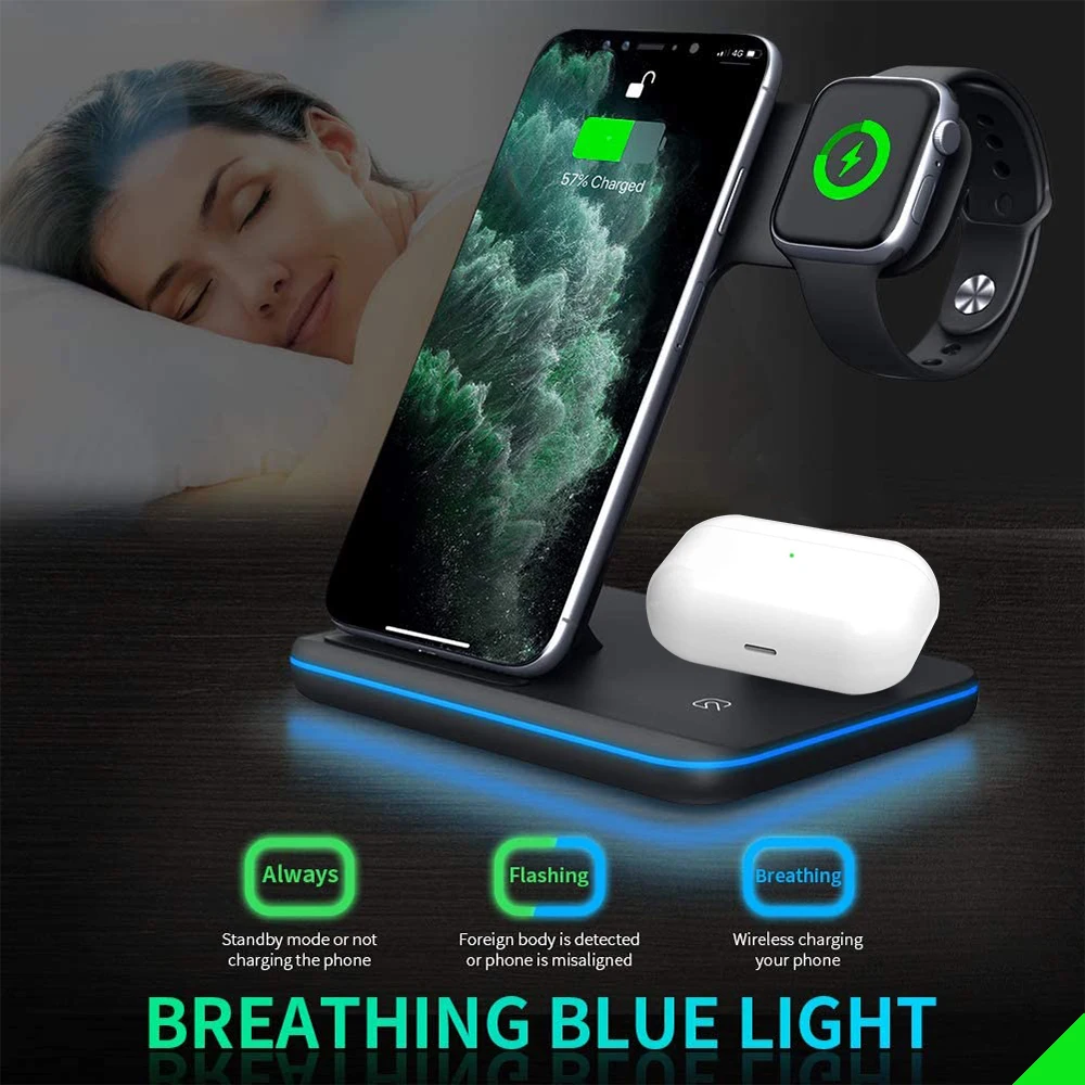 15w fast qi wireless charger stand for samsung s10 s9 iphone 11 xs xr x 8 10w 3 in 1 charging dock for apple watch 5 4 3 airpods free global shipping