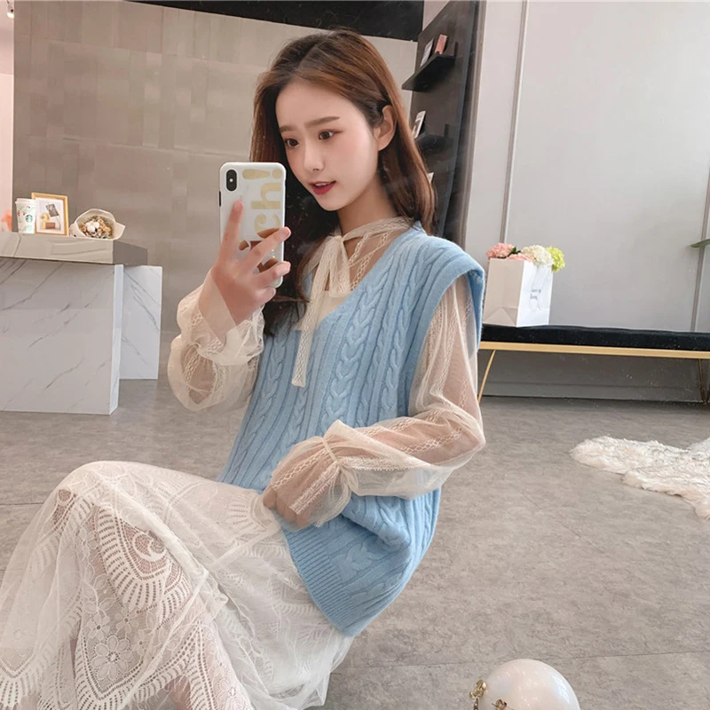 Heliar Fall V-Neck Knitting Tanks Sweater Solid Streetwear For Women 2019 Autumn Sleeveless Pullovers | Женская одежда
