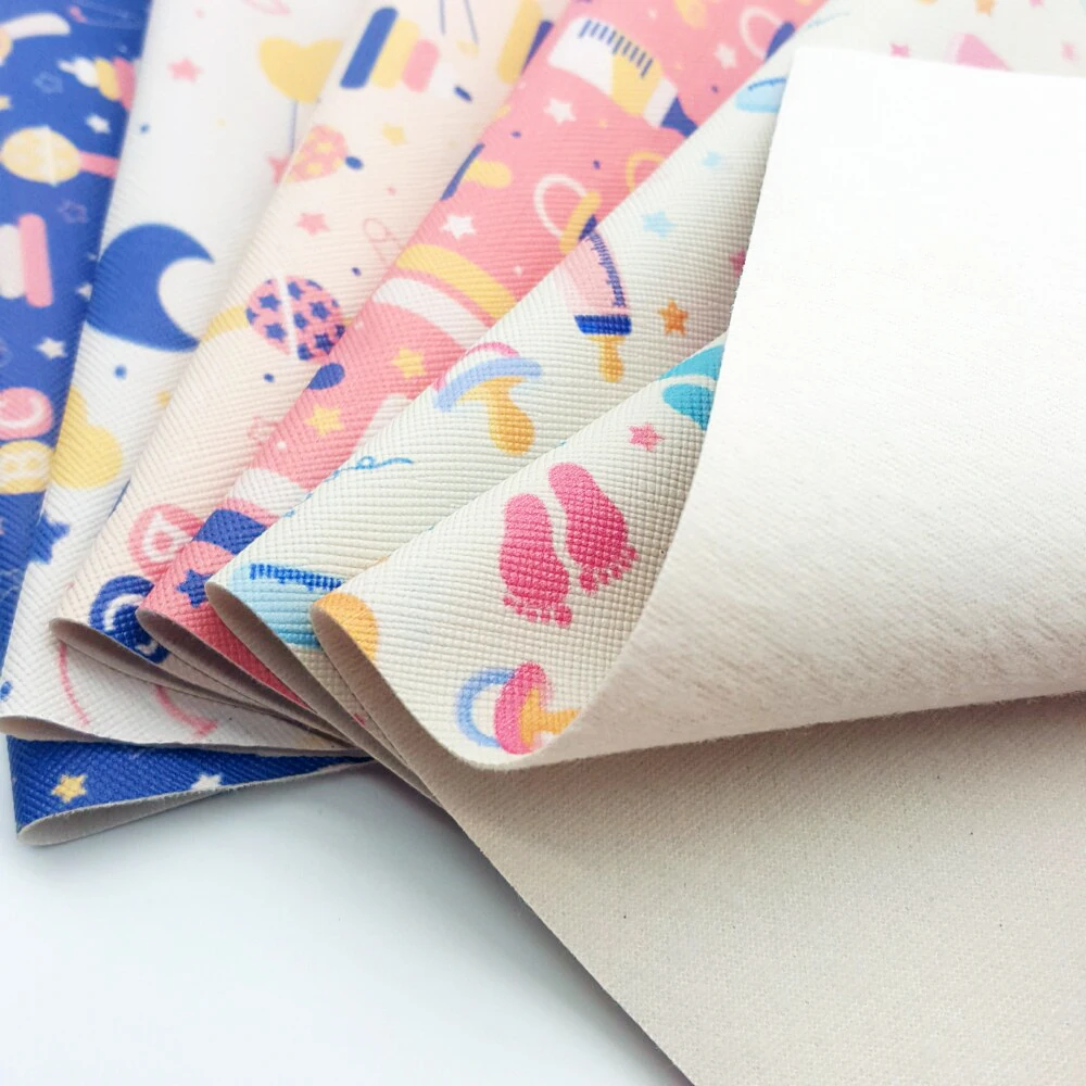QIBU 1pcs Christmas Faux Leather Sheets Vinyl Fabric Cartoon Elks Printed Leather Bow Fabric DIY Bags Material Synthetic Leather