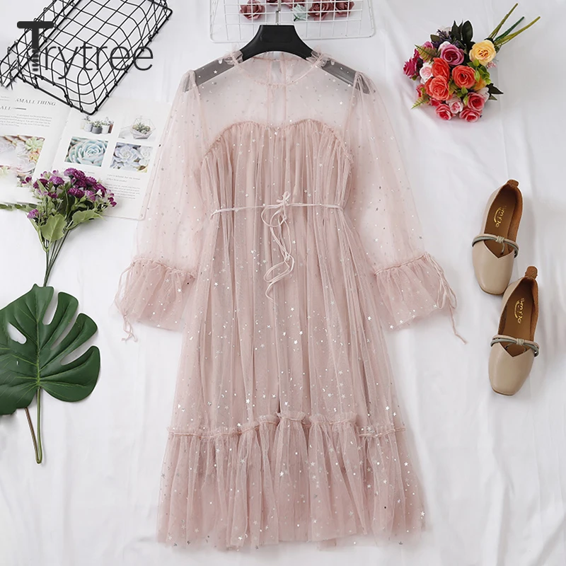 Trytree 2020 весеннее женское Повседневное платье с воротником стойкой расклешенными