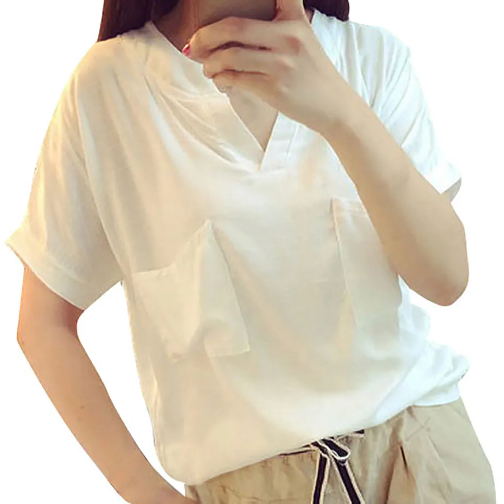 Льняная женская блузка белая короткий рукав свободная v образный вырез рубашка с