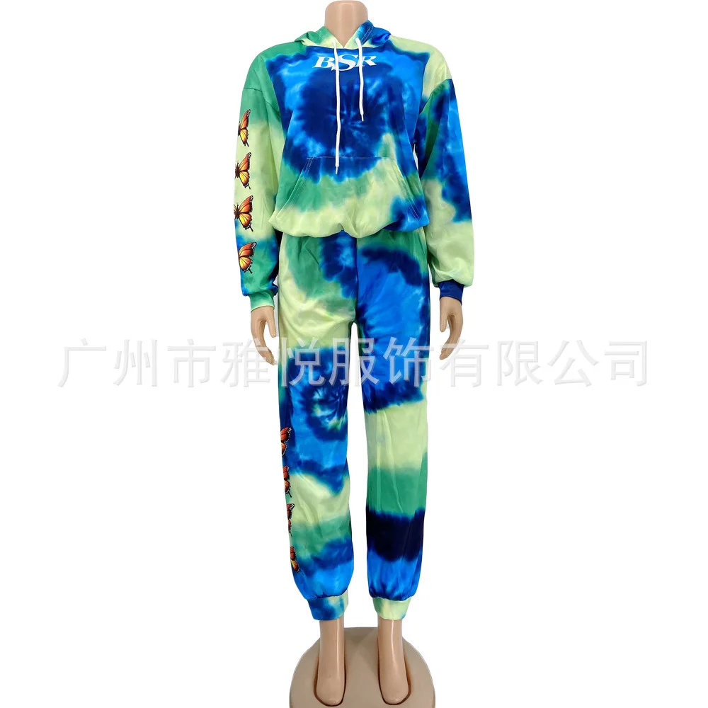 

Echoine Winter Butterfly Tie Dye Print Top Hooded Top and pants Two Piece Set Casual Tracksuit Sporty Streetwear Set Clubwear