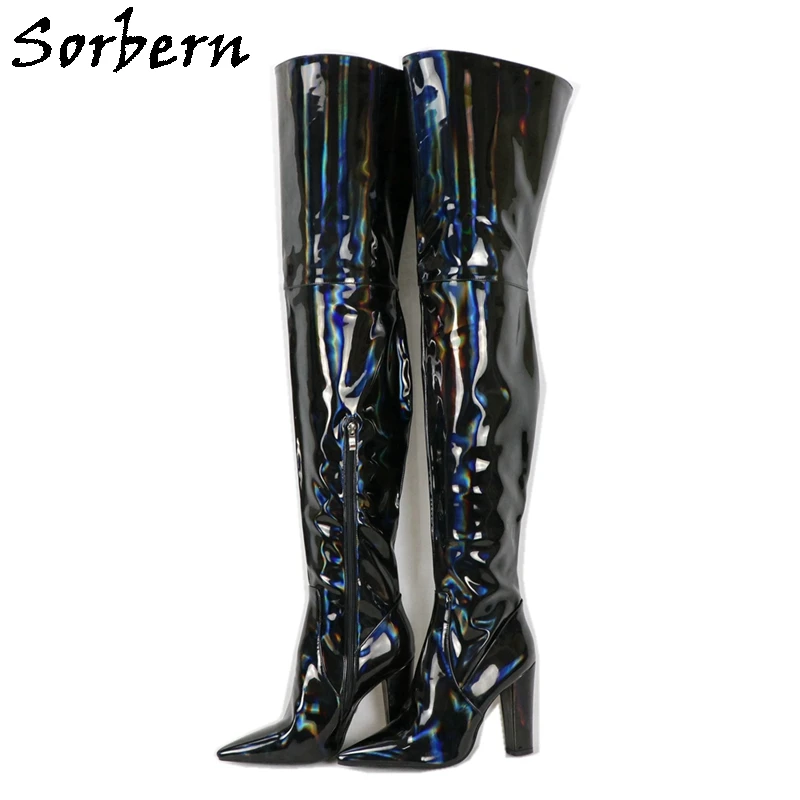 

Sorbern Black Holographic Mid Thigh High Boots Women Pointy Toes Block Heels Custom Wide Fit Calf Plush Linning Winter Shoes