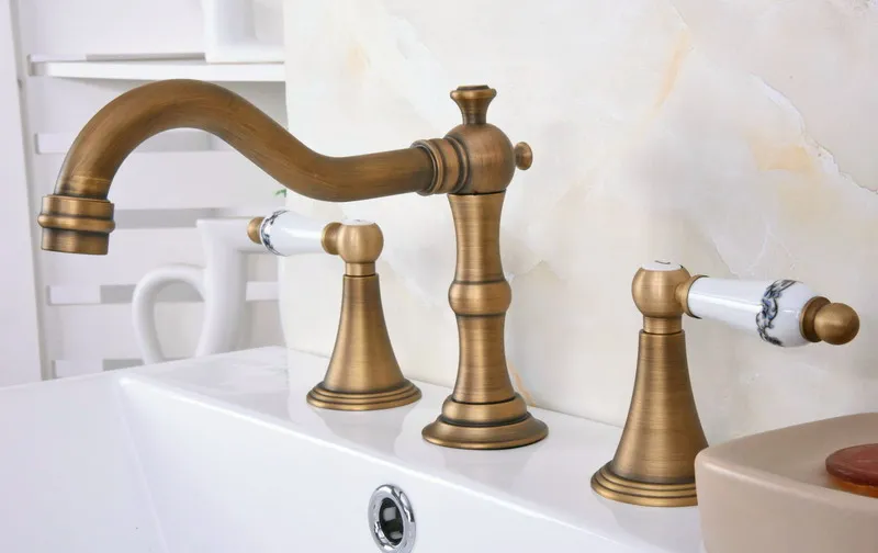 Vintage Retro Antique Brass Deck Mounted Dual Handles Widespread Bathroom 3 Holes Basin Faucet Mixer Water Taps man085 | Обустройство