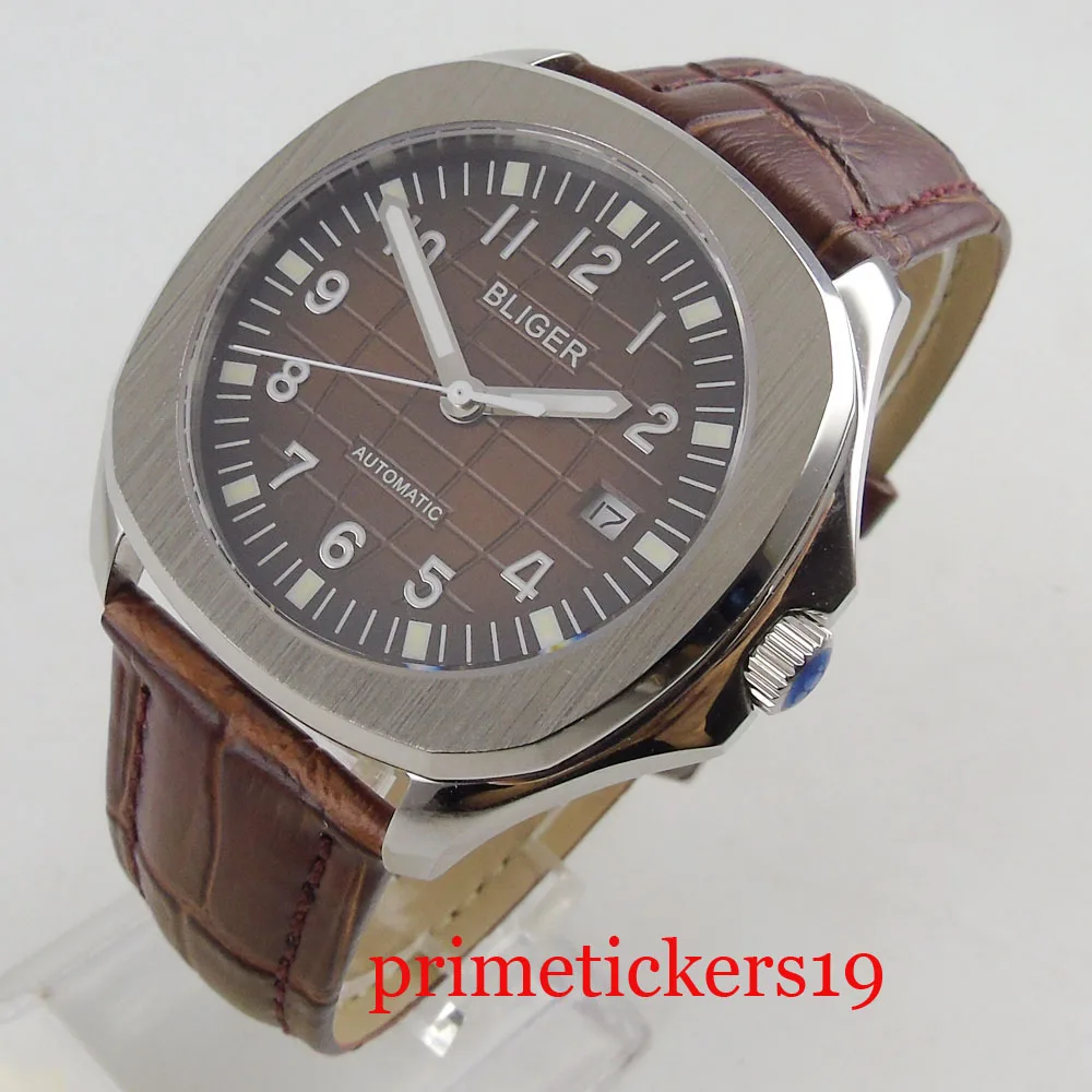 

Luxury business 39mm silver color case brown dial date window leather strap automatic movement mens watch