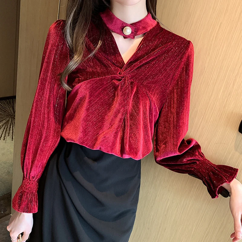 

Женская Вельветовая блузка #4995, черная, красная, синяя, розовая, весенне-осенняя, женская блузка с длинным рукавом и V-образным вырезом, винта...