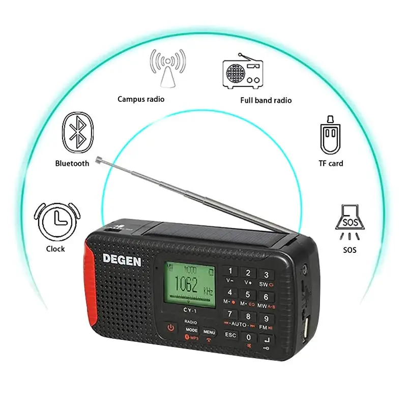 DEGEN CY-1 аварийное радио FM/MW/SW Динамо Солнечный будильник коротковолновое радио lcd/SOS/Bluetooth/MP3/рекордер портативное радио