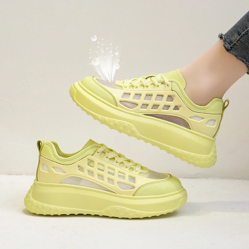 

2021 Fashion Platform Sneakers Women Pink Yellow Color Summer White Flats Shoes For Women Casual Mesh Footwear Ladies Comfot Hot