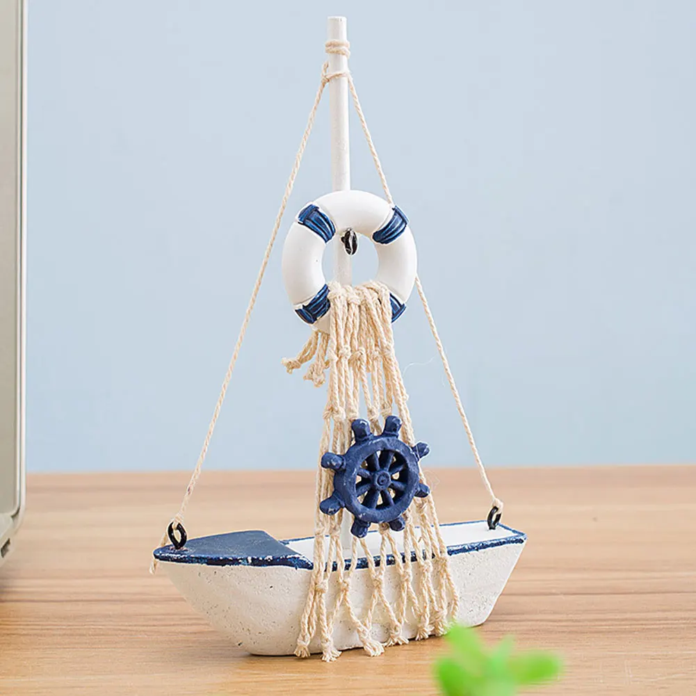

Wooden Sailing Boat Decoration Craft Ocean Beach Sailboat Ship Model Art Crafts Set Home Party Supplies Ornament Lifebuoy Gifts