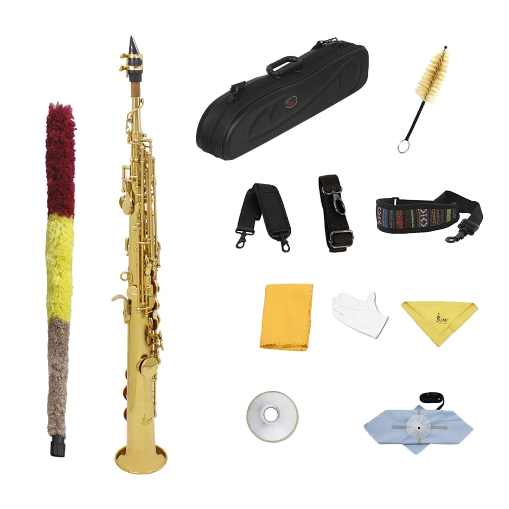 

Изысканный латунный Саксофон сопрано Bb с прямой трубкой с ремешками для хранения для начинающих саксофонов