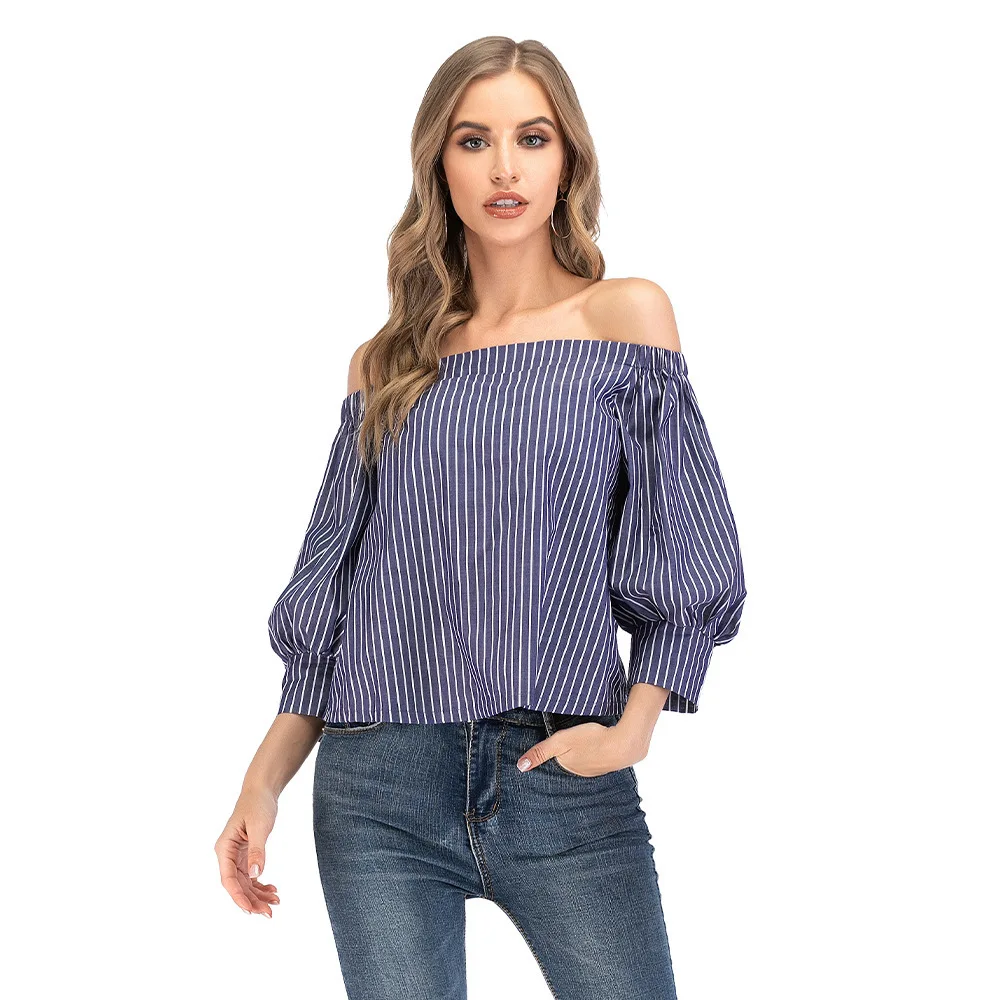 

Summer Women Casual Blue Stripes Horizontal Collar Strapless 3/4 Sleeve Loose Tees Female Outwear Tops Shirt