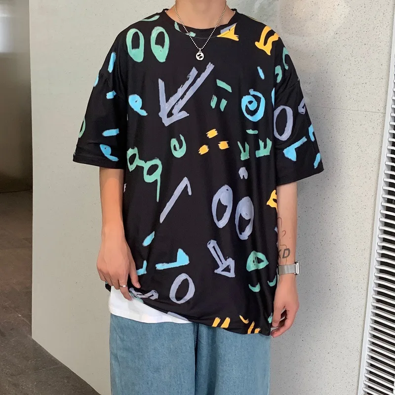 

Short-sleeved Men's T-shirt Summer New Style Youth Round Neck Personality Trend Shirt Casual Fashion Printing Loose Oversize Top