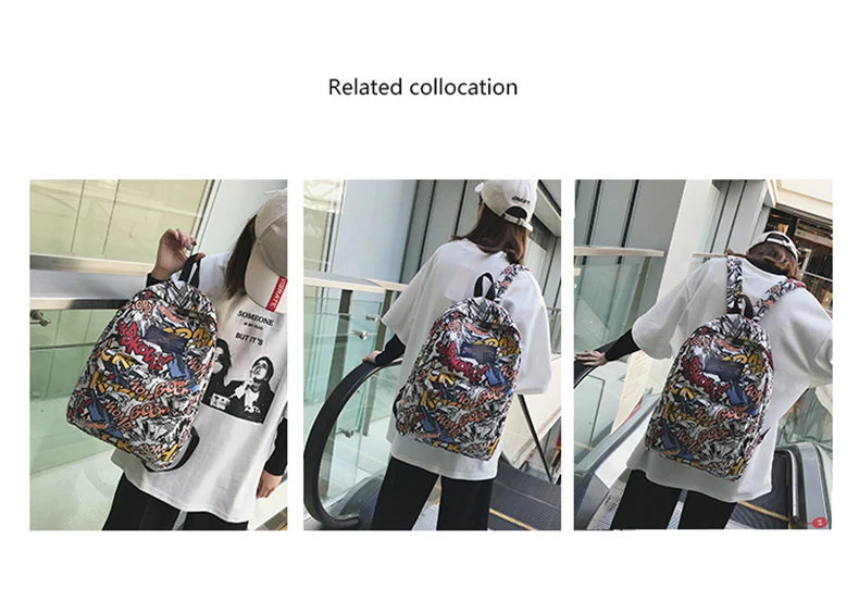New backpack female cartoon alphabet doodle personality wild backpack men and women shoulder bag mochila
