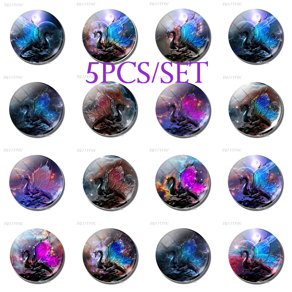 

5PCS/SET Round Glass Cabochons Pendant Settings Diy Dragon Pattern Glass Flatback Fit 25MM Jewelry Findings Accessories