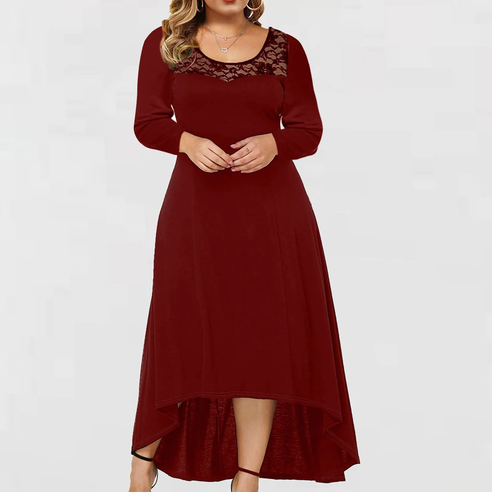 2021 High Waist Lace Dress Women Plus Size Solid Round Neck Long Sleeve Irregular Stitching Bodycon Formal | Женская одежда
