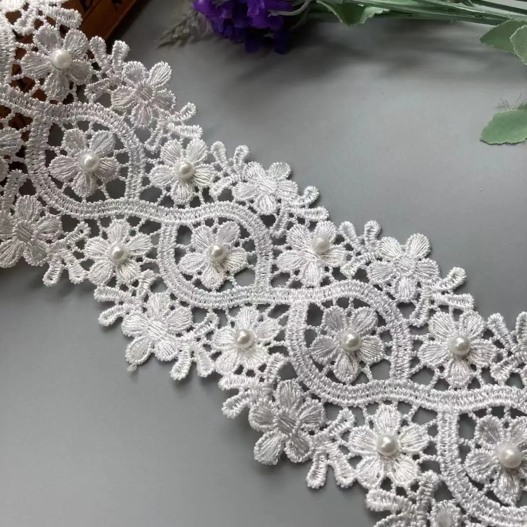 2 ярда белый жемчуг цветок кружевная отделка лента женская ручная работа сделай