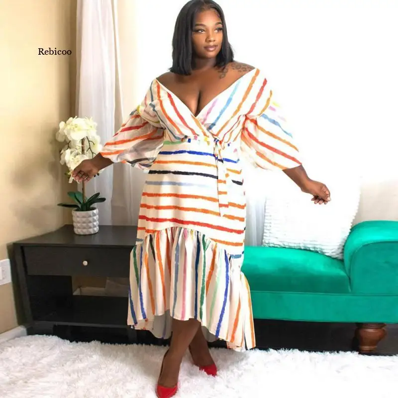 

2021 Summer Dress Europe and The United States Loose Rainbow Stripes Plus Size V-Neck Dovetail Big Swing Long Puff Sleeve Dress