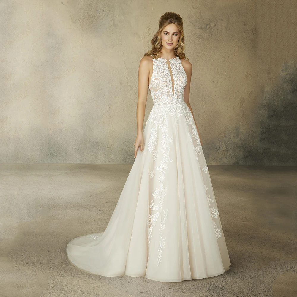 

Charming A Line Wedding Dresses O Neck Delicate Applique Lace Button Elegant Woman Custom Bridal Gown For Bride Sweep Train