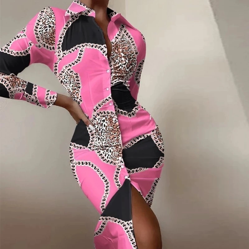 

2021 autumn new product printed sexy tight-fitting long-sleeved tight-fitting long shirt waist pleated dress