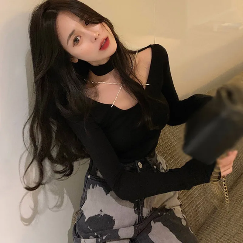 

Women's Korean Solid Color Hollow Out Slim Sexy Long Sleeve T Shirt Tops Elegant Sexy Lady Skinny Ribbed Long Sleeve Tops 2021