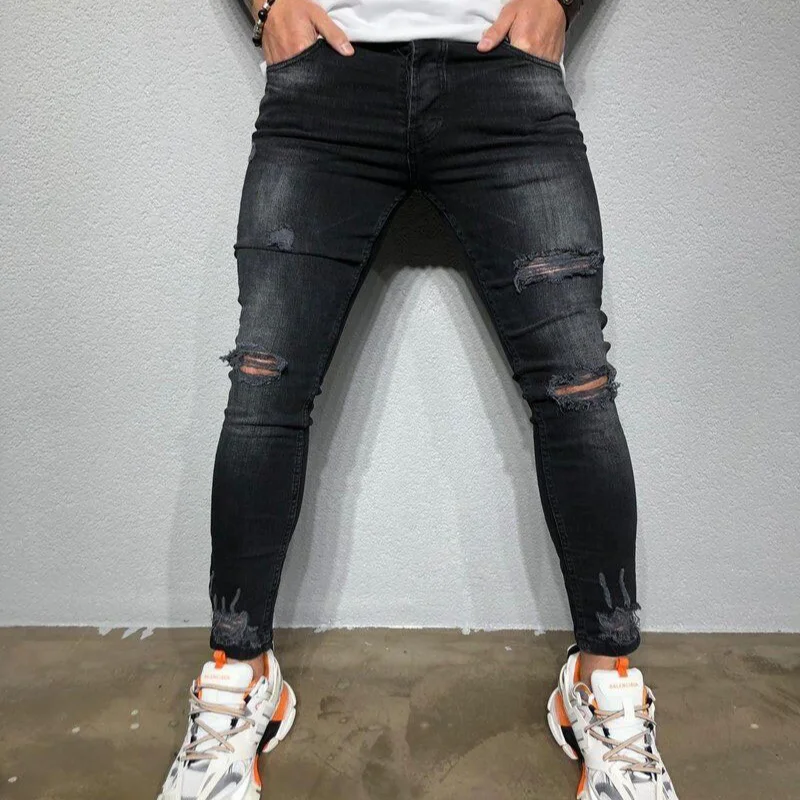 

Skinny biker jeans men pencil feet jeans slim-fit street men's locomotive ripped jeans 2021 men's clothing