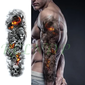 Водонепроницаемая Временная тату-наклейка с изображением Льва цветка бабочки черепа полная рука большие поддельные тату флэш-тату наклейки для мужчин и женщин