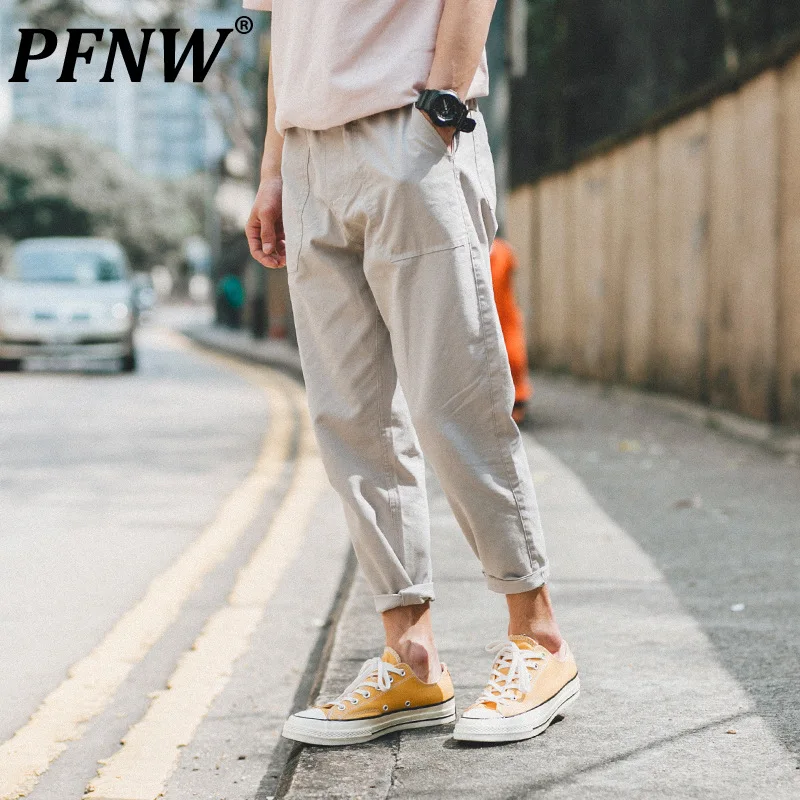 Мужские брюки унисекс PFNW, повседневные эластичные брюки до щиколотки из хлопка и льна в японском стиле, Новинка осени 2021, 12X0898