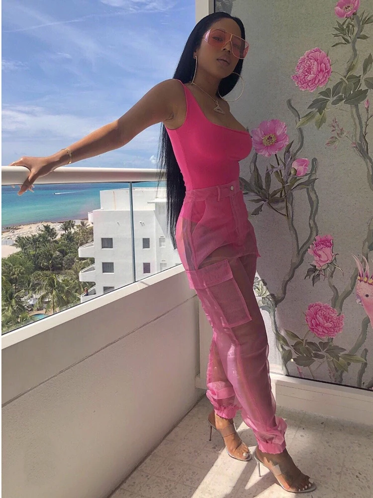 Sexy Bodysuit Top With Organza Pants Two Piece Set Casual Sleeveless Bodycon Jumpsuit Evening Club Party 2 Piece Overalls Sets
