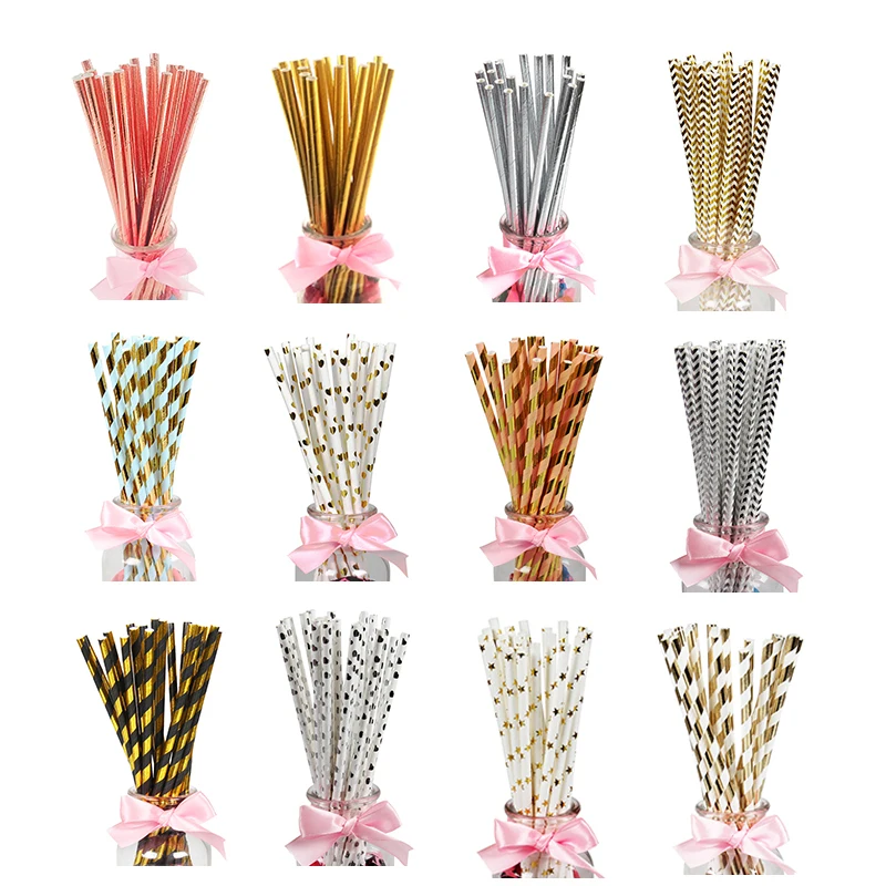 25 шт. Золотой/серебристый экологические шеврон бумажные трубочки в полоску