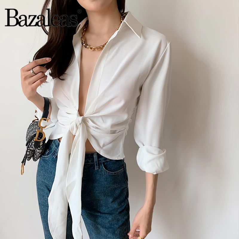 Женская винтажная блузка Bazaleas белая с длинным рукавом центральный бандажный