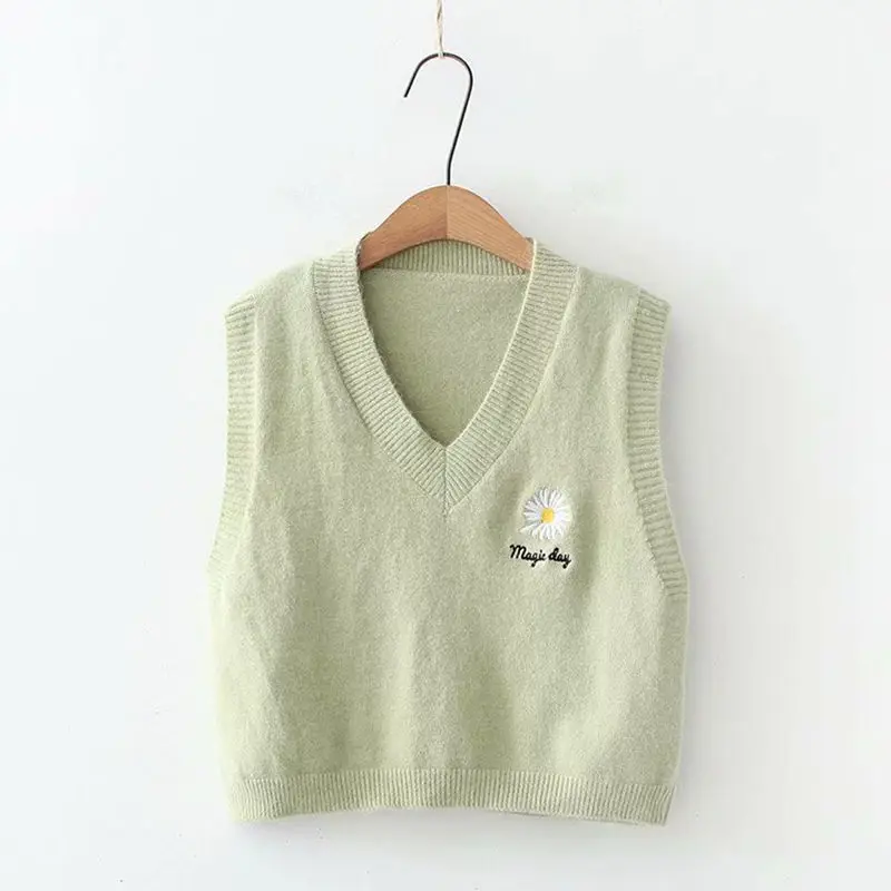 

Autumn Knitted Sweater Vest Shirt Girl 2021 New Korean Style Sleeveless V-neck Flower Embroidered Loose Casual Pullovers Outwear