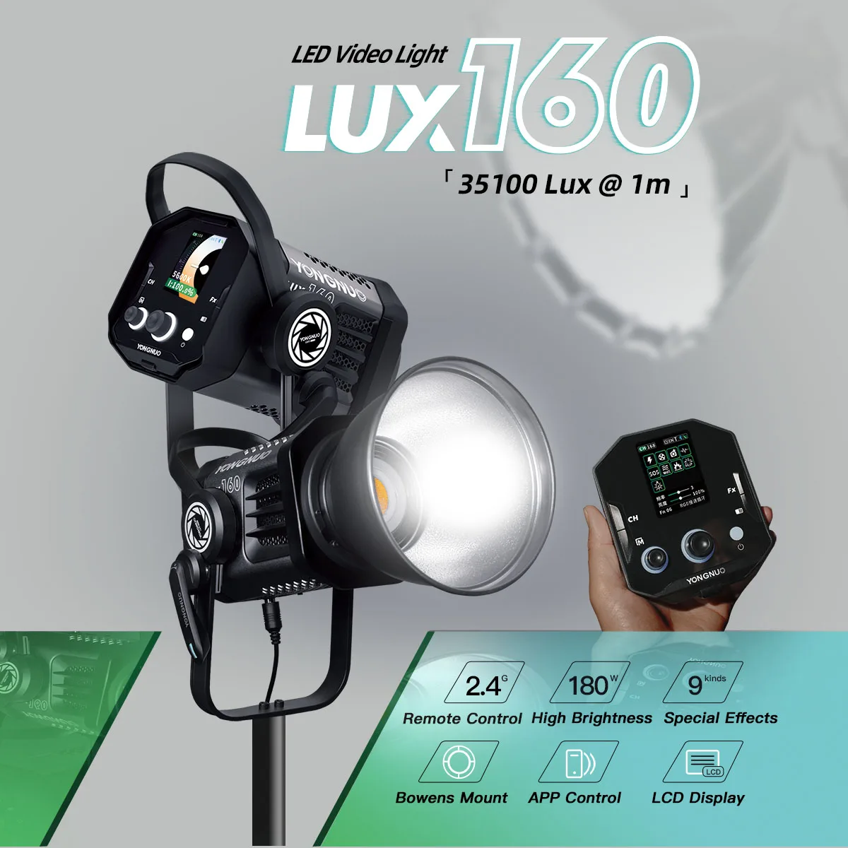 

YONGNUO LUX160 180W COB Outdoor LED Video Light Bowens Mount Studio Lamp With Softbox Power Adapter For Vlog Movie