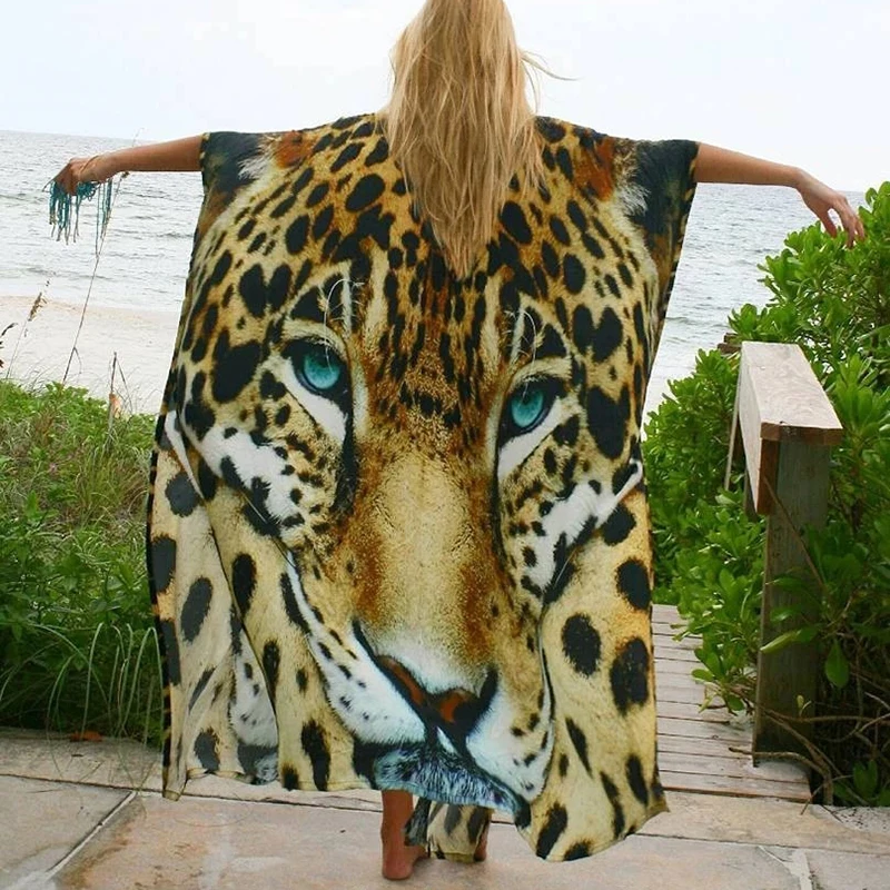 

Bikini Cover-ups Sexy Tiger Pattern Print Kimono 2022 Robe Plage Swimsuit Cover Up Boho Loose Long Cardigan Beachwear Tunics