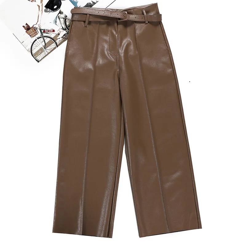 Autumn Faux PU Leather Pants Women With Belt High Waisted Wide Leg Anke-length Women's Trousers Winter NEW Fashion Clothes